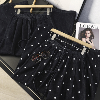 重工波点刺绣松紧腰阔腿牛仔裤女