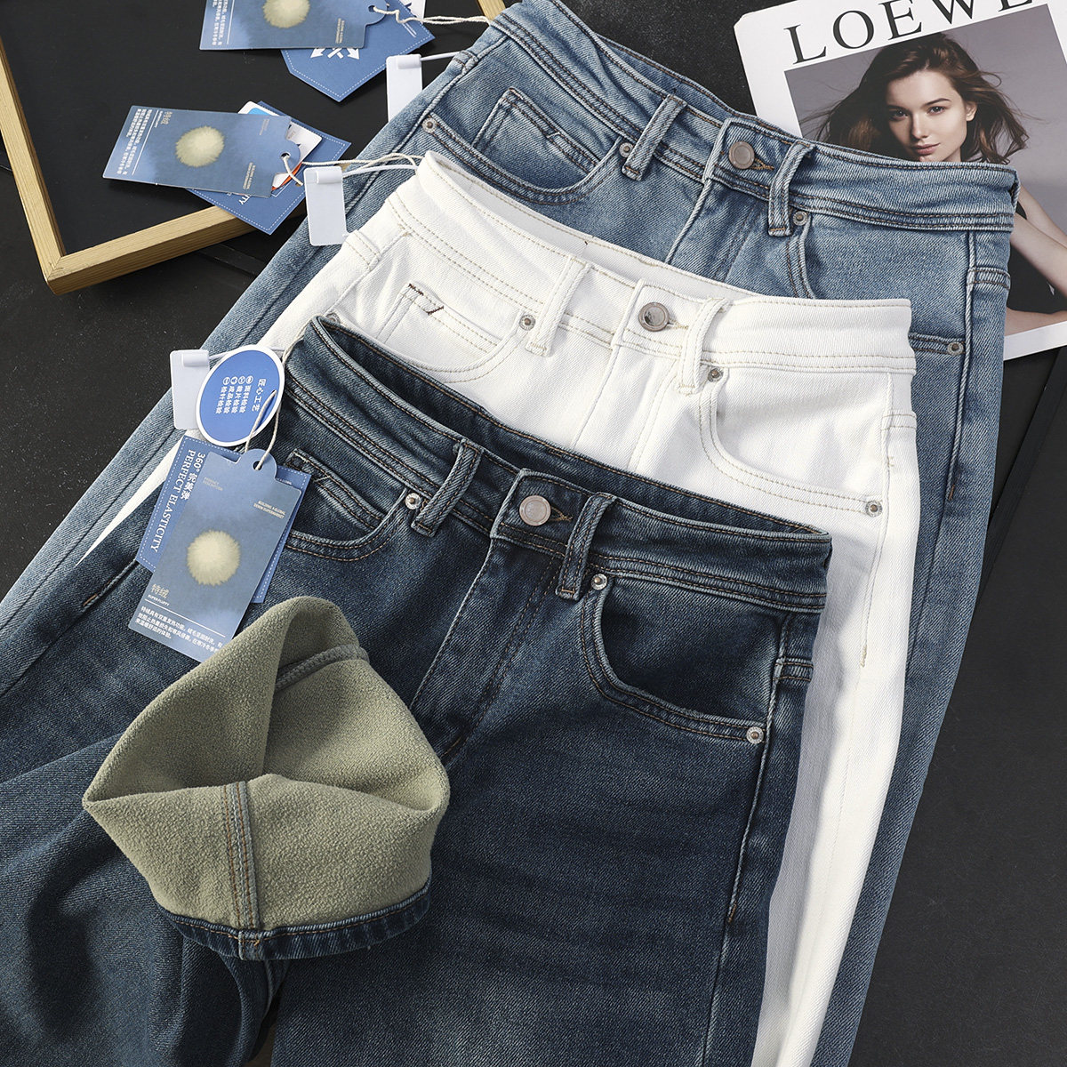 四面弹高腰显瘦加厚植绒牛仔裤女