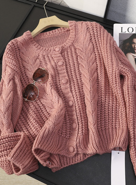 华子家 复古绞花单排扣圆领针织开衫毛衣外套女2025秋季新款44938