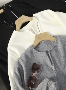 华子家 通勤休闲宽松长袖圆领短款飞行员夹克毛呢外套女秋冬45615