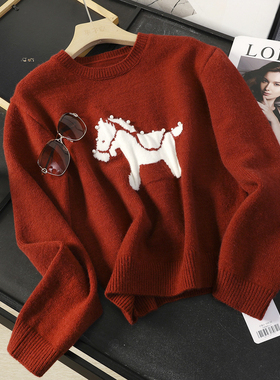 华子家 本命年红色圆领毛衣女秋冬设计感小马提花钉珠针织衫45750
