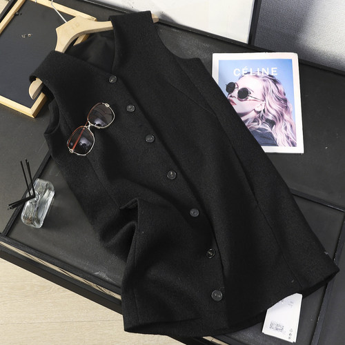 羊毛混纺V领单排扣毛呢背心裙女