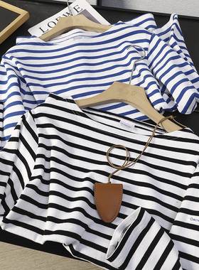 华子家 打底衫女2025年秋季新款宽松条纹圆领长袖T恤海魂衫45268