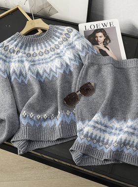 华子家 复古费尔岛提花圆领针织衫半身裙短裙两件套连衣裙女45324