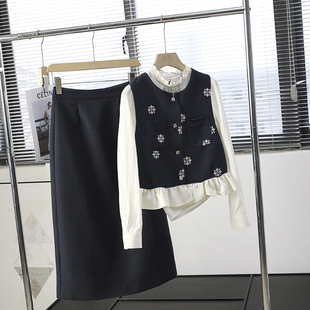 三件套女46037 高腰半身裙套装 华子家 小香风刺绣马甲木耳边白衬衫