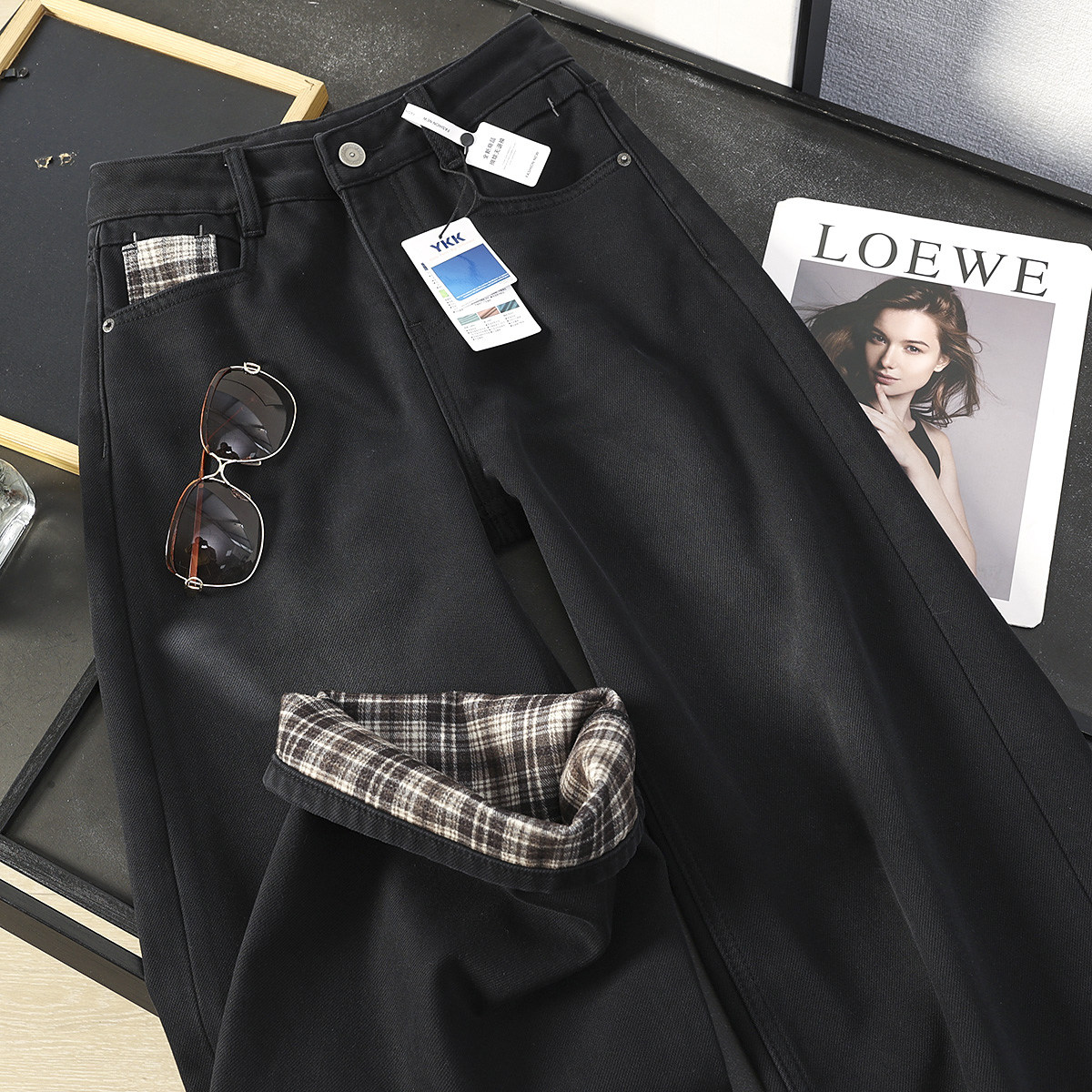 华子家 美式复古格纹阔腿牛仔裤女冬加厚植绒高腰显瘦直筒裤45718,女装/女士精品,牛仔裤,淘宝优惠券,粉丝福利购,淘宝优惠卷