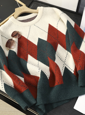 华子家 复古格纹圆领针织衫女2025秋冬新款慵懒宽松套头毛衣45672