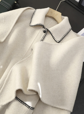 华子家 贝壳绣翻领双面呢羊毛大衣女秋冬可拆卸披肩毛呢外套45025