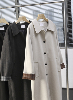 华子家 复古格纹拼接袖加厚夹棉翻领中长款风衣外套女秋冬季44995