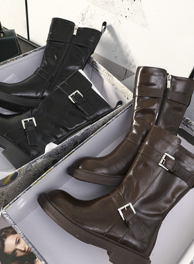 华子家 增高4cm~真皮短筒靴双扣带侧拉链厚底增高骑士长靴女45620