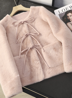 华子家 粉色系带蝴蝶结皮毛一体仿水貂绒环保皮草外套女秋冬45121