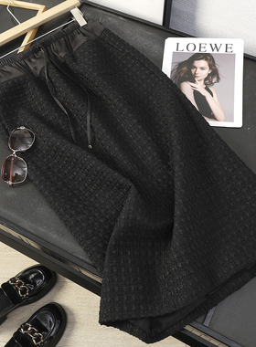 华子家 复古粗花呢拼接高腰后开叉直筒半身裙女2025秋冬新款45487