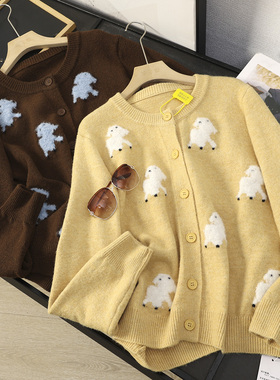 华子家 温柔风小羊提花宽松显瘦圆领针织开衫毛衣外套女秋冬45602