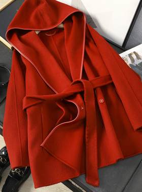 华子家 新年红色双面呢拼皮羊毛大衣女秋冬短款连帽毛呢外套45760
