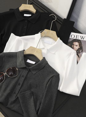 华子家 美式复古修身显瘦内搭坑条翻领长袖T恤polo衫女秋季44807