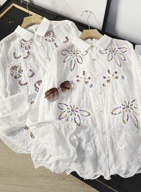 华子家 重工刺绣亮片白色长袖衬衫女2026年春季新款通勤衬衣46086