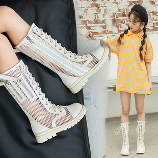 女童马丁靴高筒网靴时尚韩版儿童长靴镂空透气薄款夏天凉靴白色潮