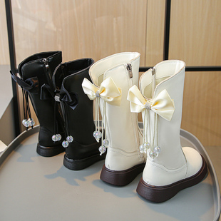 洋气白色女童马丁靴高筒皮靴秋冬新款长靴儿童靴子加绒保暖公主靴