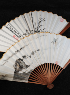 手绘国画山水书法折扇可定制内容出国礼品