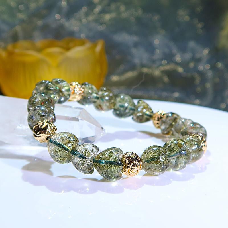 天然五瓣佛莲绿发晶顺发水晶手链爱心莲花情侣精品