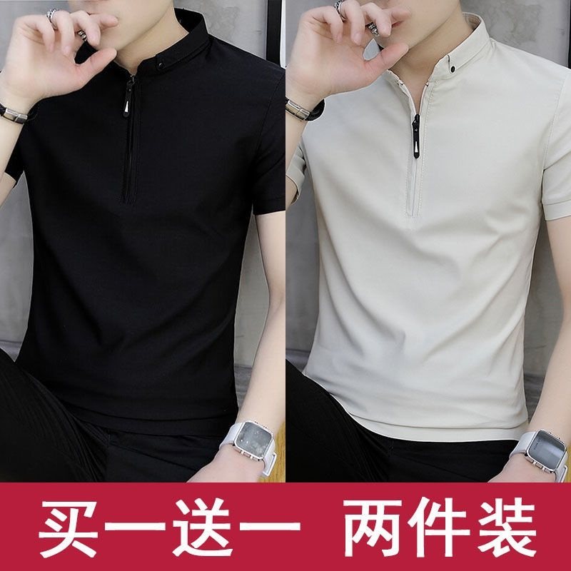 清仓夏季新款男士短袖t恤纯色拉链polo衫男潮流韩版修身上衣体恤