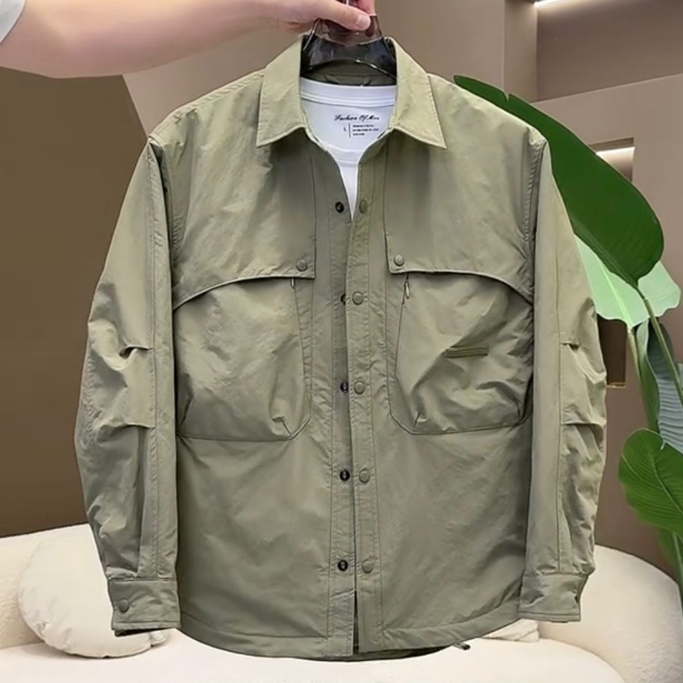 秋季工装翻领衬衫外套男美式潮流多口袋夹克青年简约百搭休闲上衣