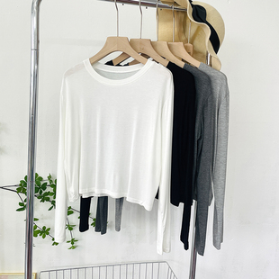 简约莫代尔长袖短款圆领打底衫夏季薄款垂感宽松居家休闲纯色罩衫