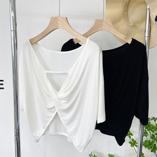 柔软莫代尔后背镂空露背短袖 亲肤居家休闲运动瑜伽跳舞服 T恤薄款