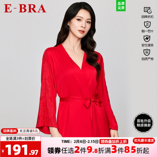 安莉芳旗下E-BRA本命年红色缎面雪纺花边装饰睡袍女家居服KL00159