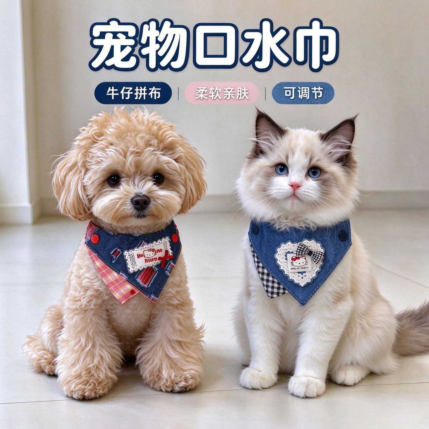 韩系Kitty宠物牛仔三角巾猫狗通用可抽拉调节口水巾 宠物项圈配饰