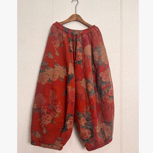 松紧腰宽松系带加厚老爹灯笼裤 新款 女士冬季 复古风文艺范印花棉裤