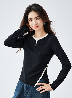 t恤女春装2026年新款正肩内搭打底衫假两件开叉撞色长袖黑色上衣