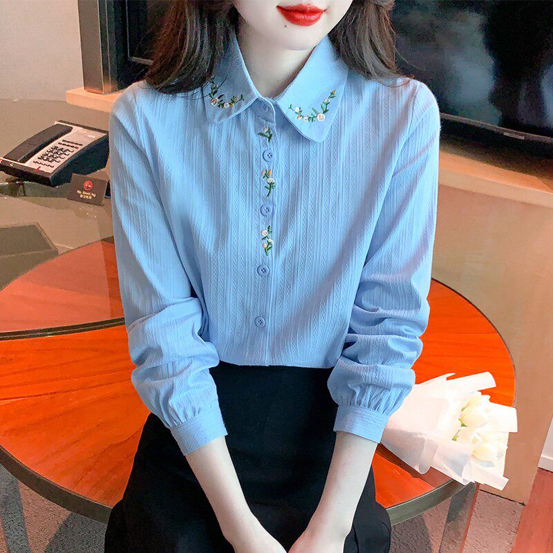 纯棉衬衫女文艺风刺绣内搭白衬衣