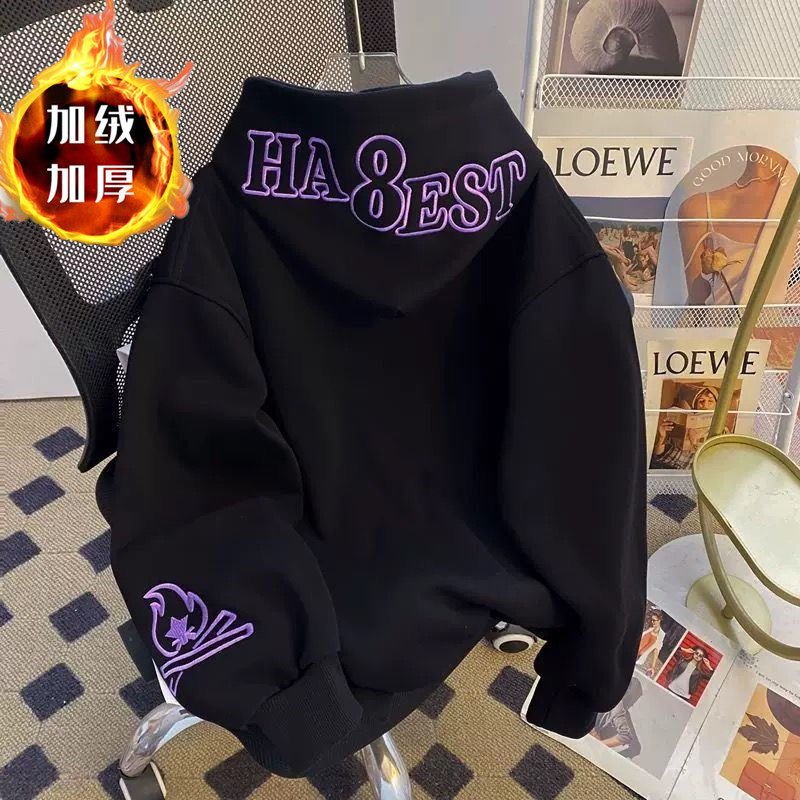 加绒刺绣连帽卫衣男2025秋冬男外套加厚上衣休闲套头宽松黑色帽衫