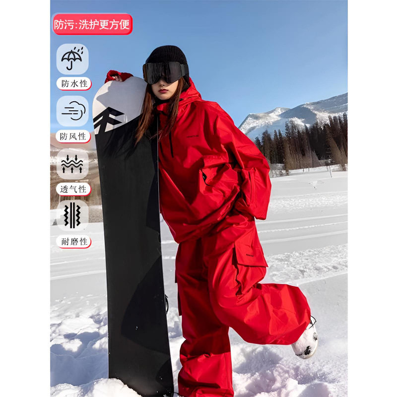 LDAB红色户外滑雪服女款2025秋冬季新款设计感防风防水运动套装