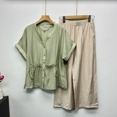 小个子妈妈装时尚套装裤子棉麻短袖T恤中老年人女高贵两件套上衣