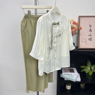 妈妈装夏季雪纺两件套中老年女新中式宽松洋气衣服高贵直筒裤套装