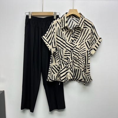 妈妈短袖夏装套装时尚宽松洋气上衣中老年人女夏仿真丝小衫两件套