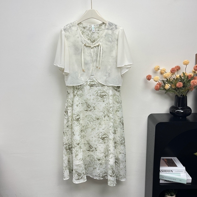 妈妈夏装新中式连衣裙洋气两件套2025新款中老年女中长款印花裙子