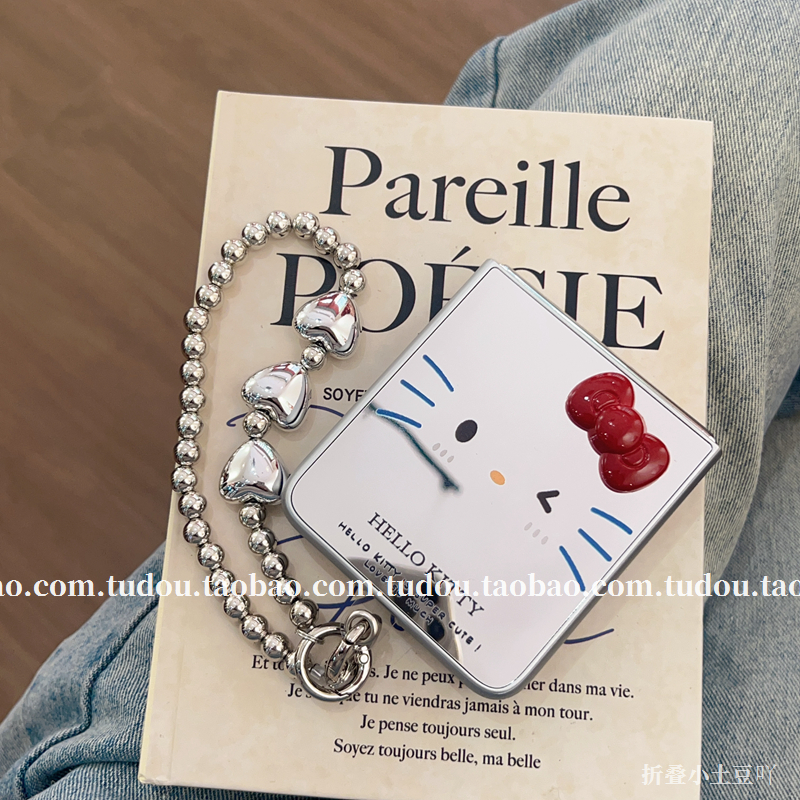 ins可爱镜面kt猫适用于华为pocket2手机壳OPPOfindn2flip折叠屏保护套w23手提三星zflip4防摔p50pockets新款