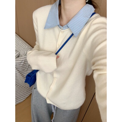 此外衬衫领假两件针织开衫女