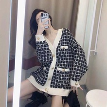 宽松显瘦学生格子毛衣潮 网红针织小开衫 小香风外套女2019秋季 新款