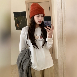 此外 圆领套头印花T恤女2025冬季新款韩版基础中长款内搭长袖打底