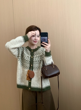 此外 圆领提花撞色针织开衫女2025冬季新款韩版休闲毛衣外套上衣