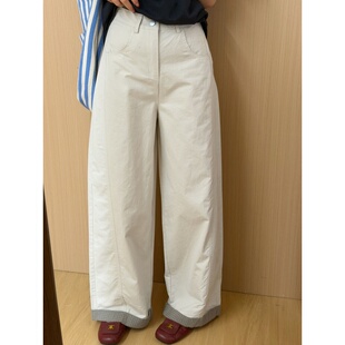 此外 裤脚拼接格子休闲裤女2026春季新款韩版直筒裤气质长裤百搭