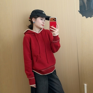 此外 连帽下摆提花套头毛衣女2025冬季新款红色气质减龄针织帽衫