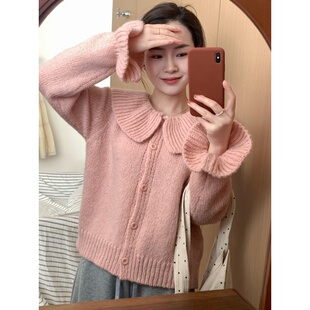 此外 荷叶领纯色纽扣针织开衫女2026春季新款可爱风温柔毛衣外套