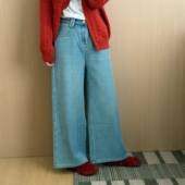 浅蓝色长裤 此外 保暖 新款 显瘦韩版 高腰加绒阔腿牛仔裤 女2025冬季