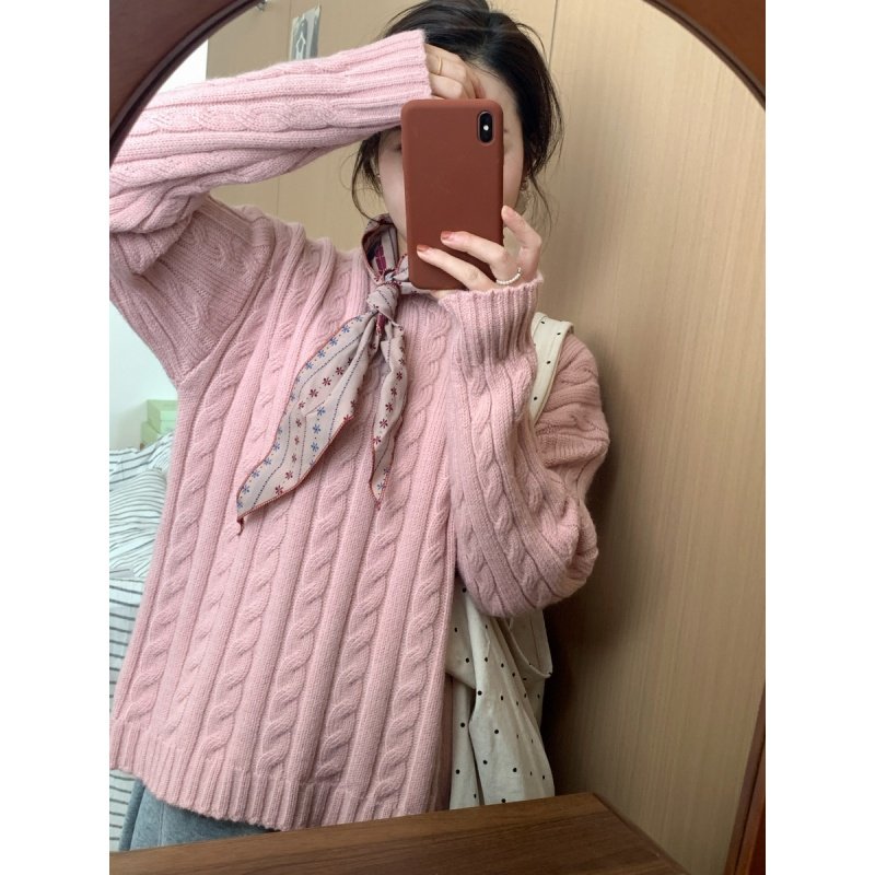 此外 圆领竖麻花套头针织衫女2026春季新款韩版减龄毛衣上衣百搭