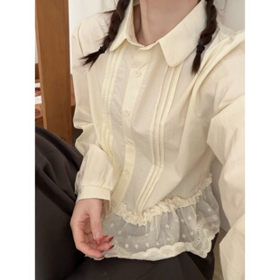 此外 蕾丝下摆拼接衬衫女2026春季新款小清新翻领白色衬衫上衣潮